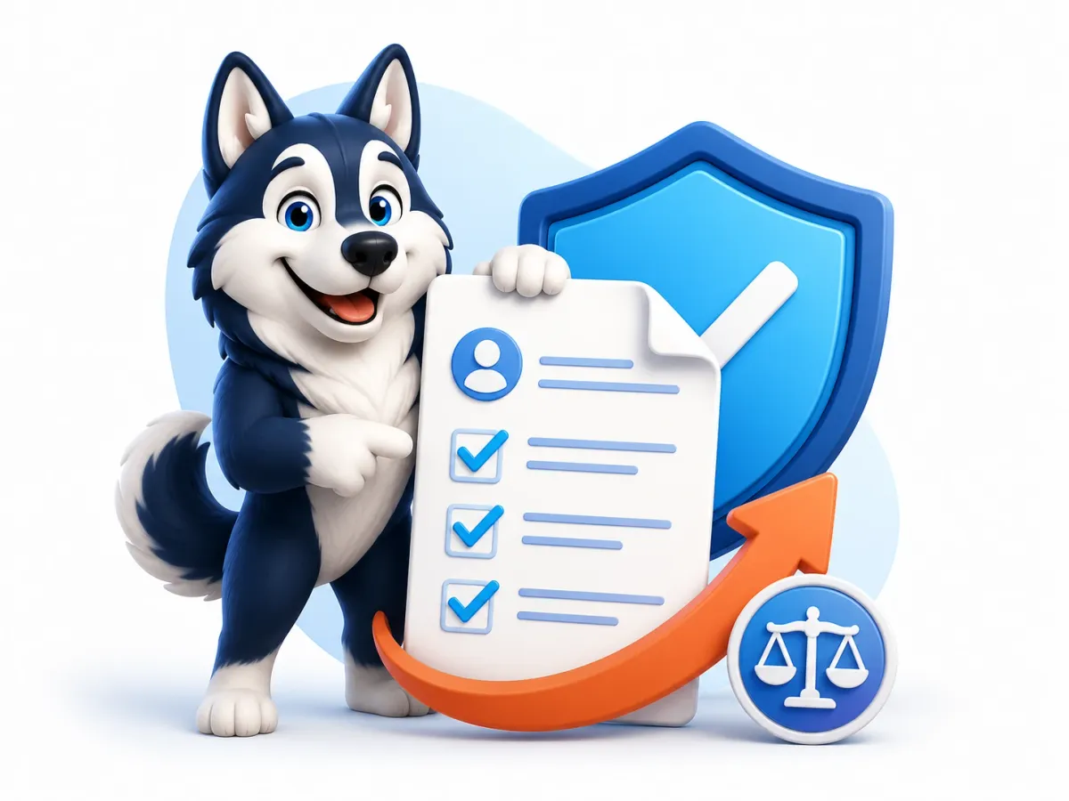 CreditHusky mascot presenting a credit report checklist beside a shield