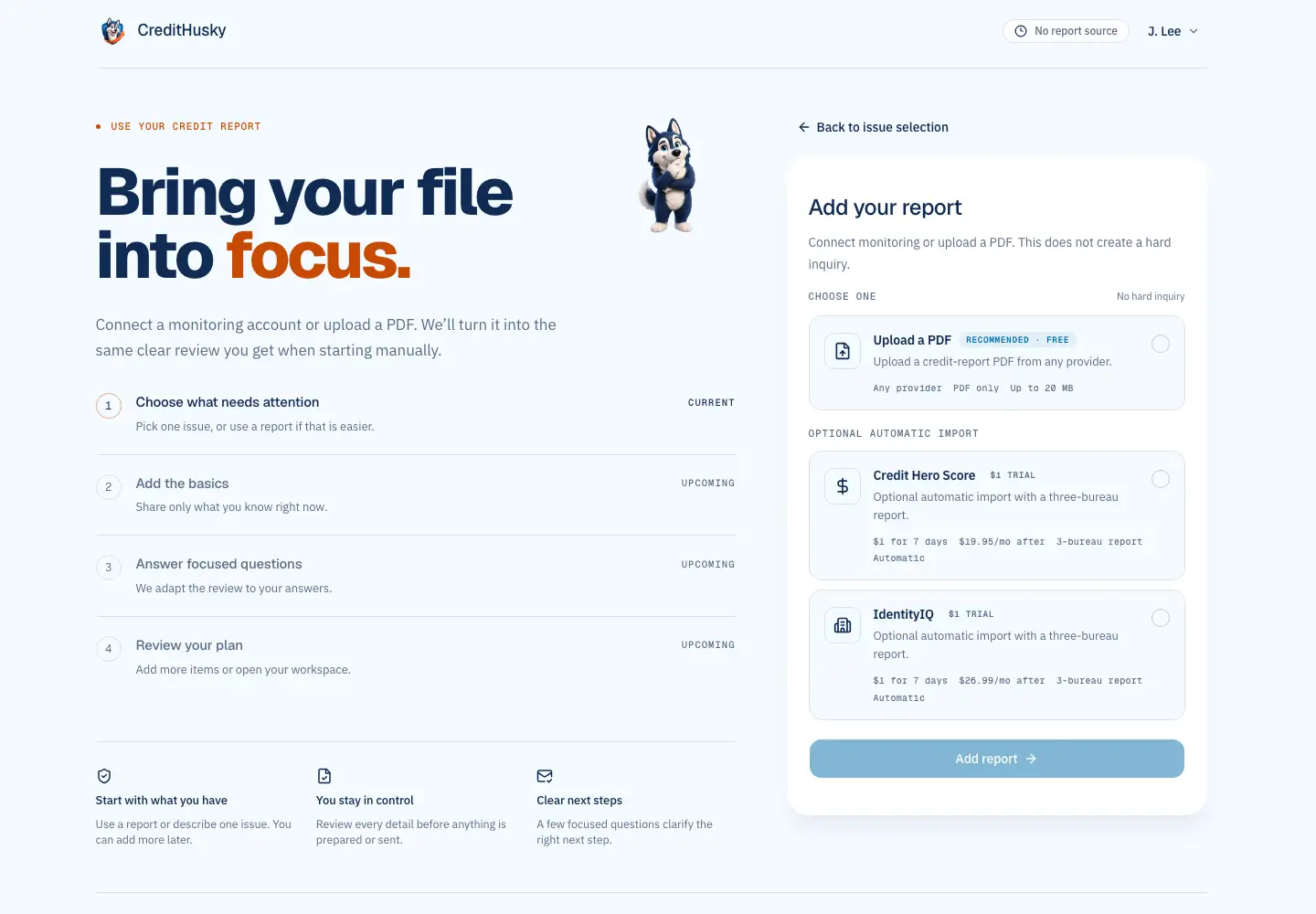 CreditHusky report setup offering PDF upload and supported monitoring accounts