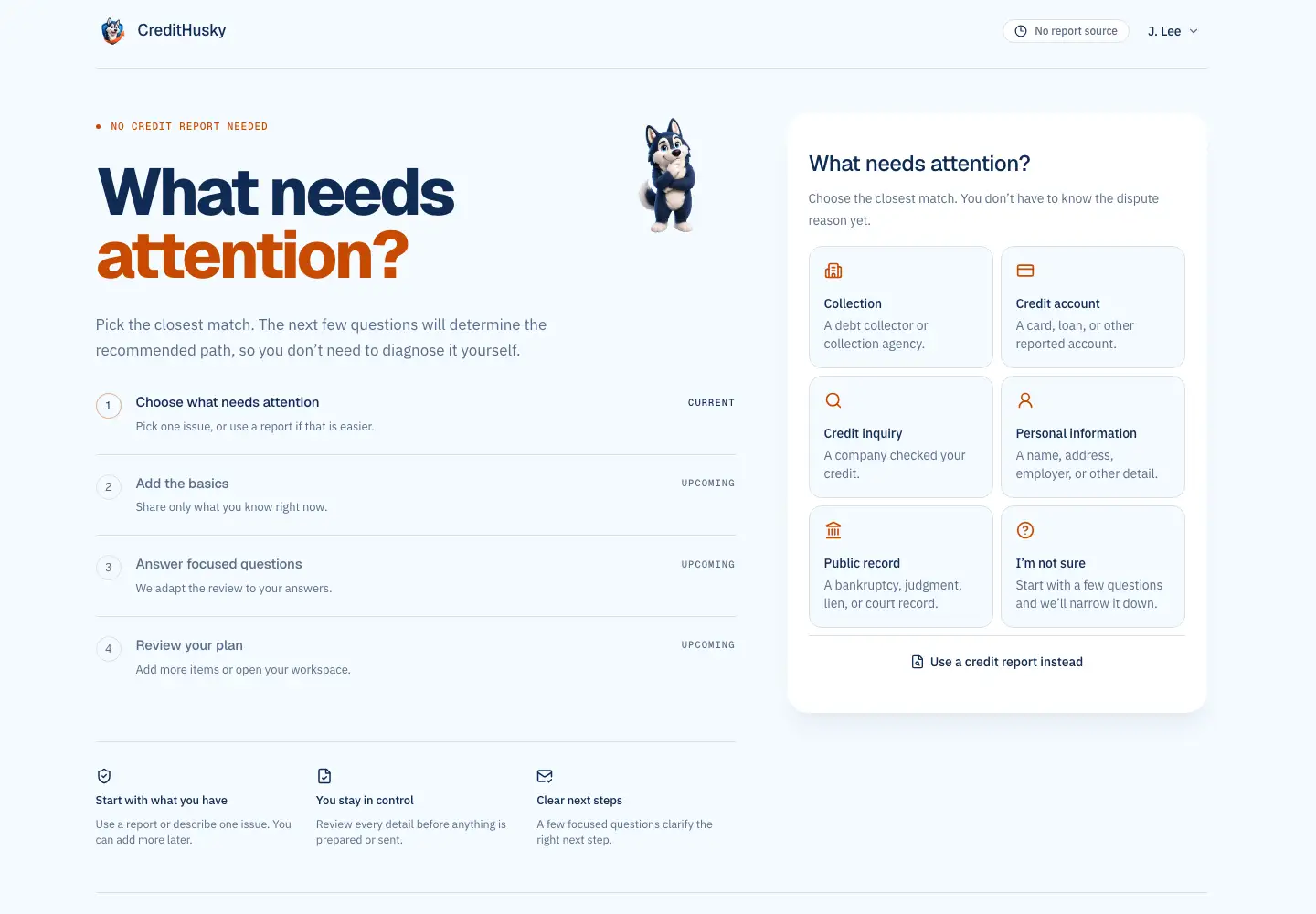 CreditHusky onboarding screen offering six issue categories and a credit report alternative