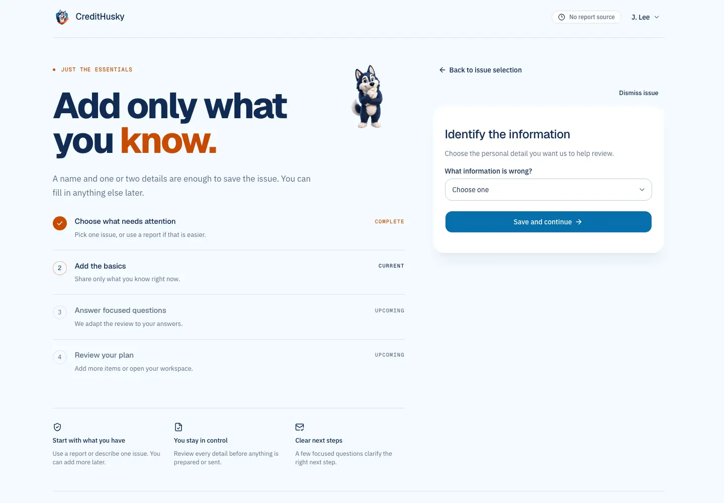 CreditHusky onboarding form for identifying an incorrect personal-information field