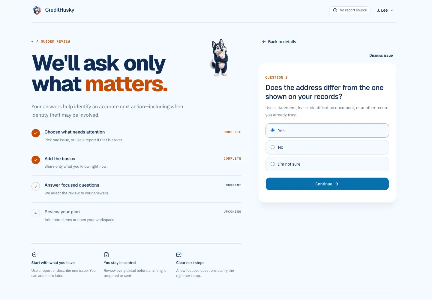 CreditHusky asking whether a reported address differs from the consumer's records
