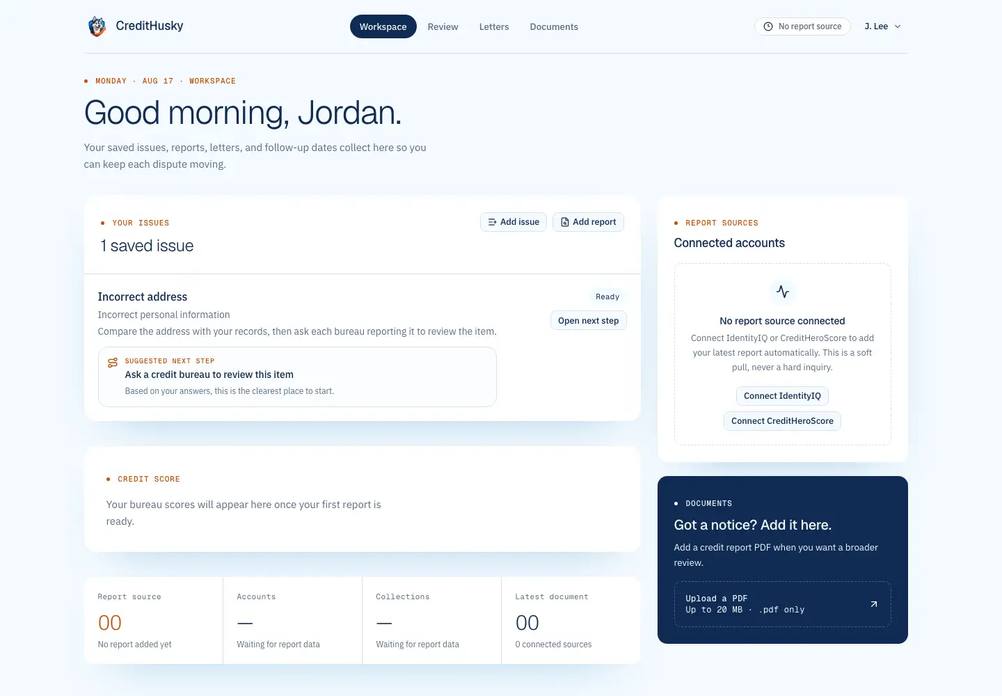 CreditHusky workspace showing a saved address issue and its suggested next step